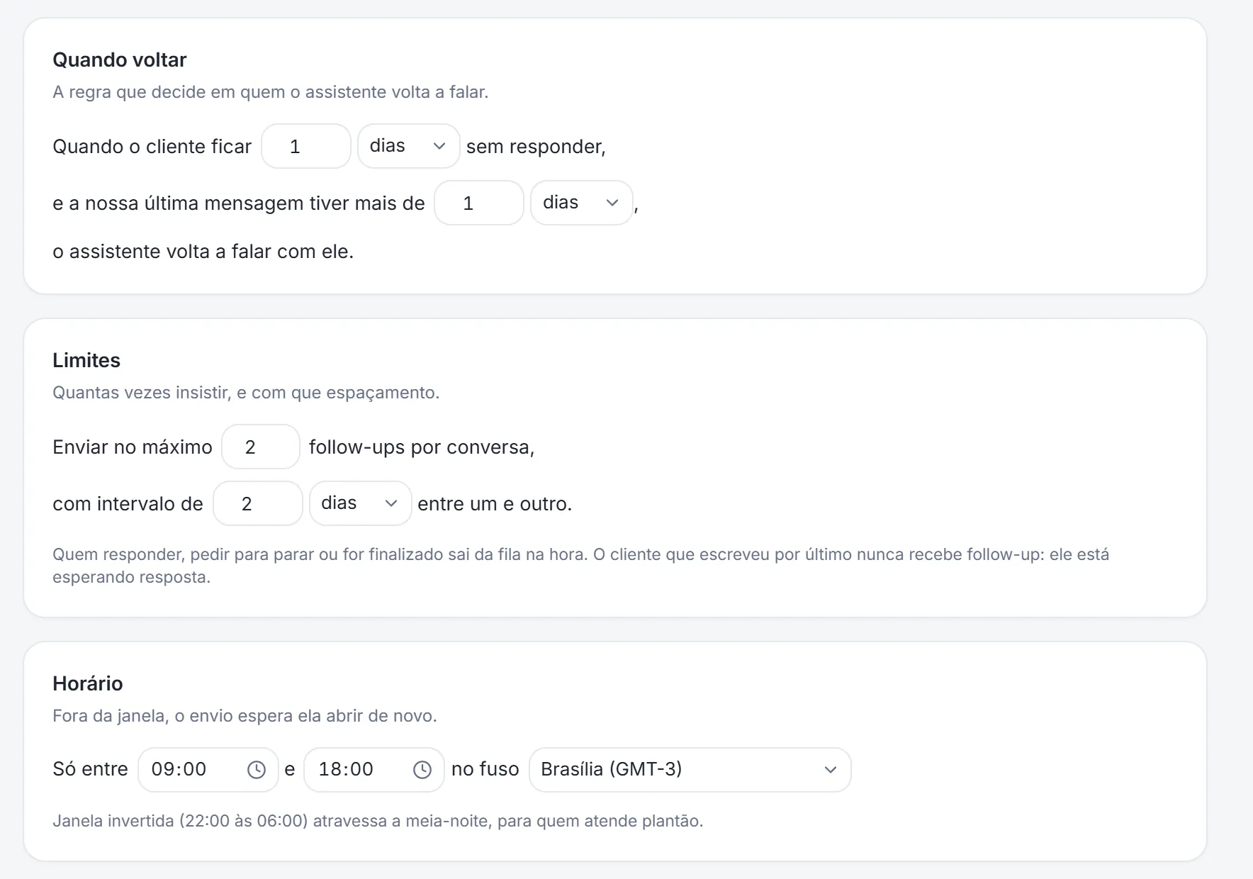A configuração do follow-up. Conta de demonstração.