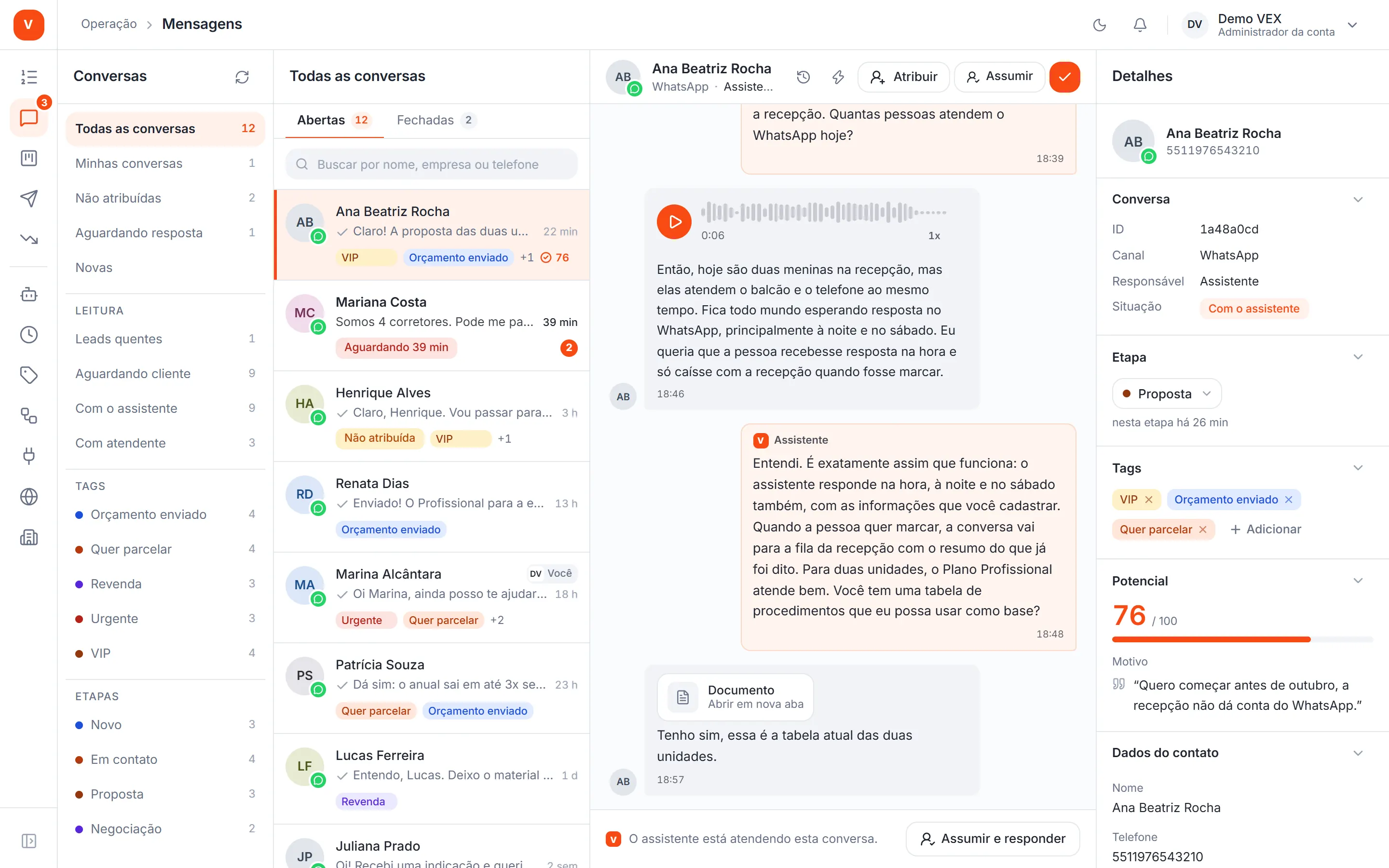 A tela Mensagens do painel. Conta de demonstração.